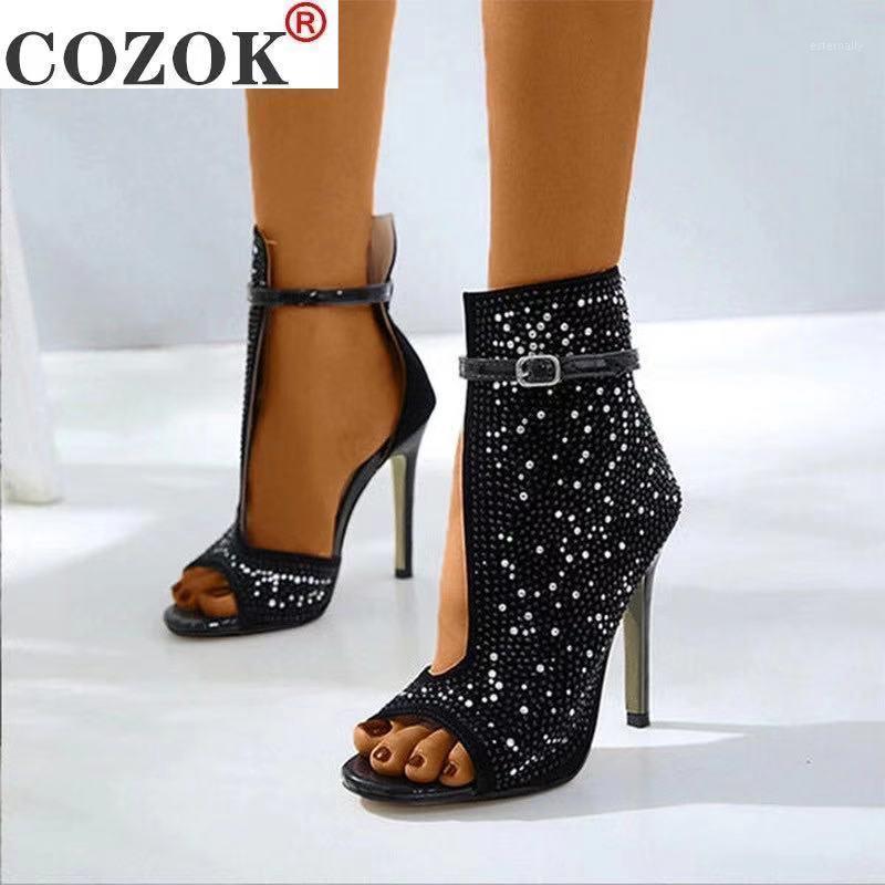

2021 New Women Crystal Sandals Ankle Straps Buckle Transparent Cover Heel Pumps Ladies Sandals Party Shoes size 35-431, Black