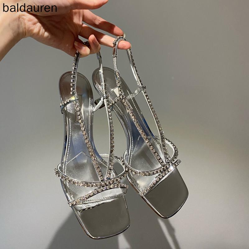 

Sandals Baldauren Women High Heels Square Toe Wedding Shoes Rhinestone Open Dress Silver Quality Party