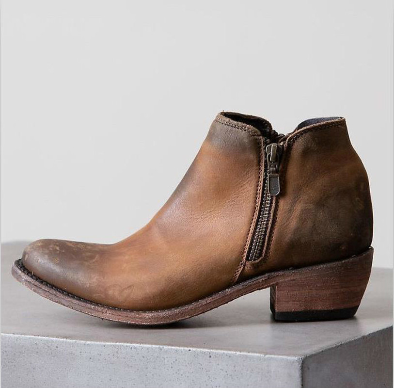 

women ankle boots chaussure booties mid heels pumps vintage PU leather autumn plus size shoes woman zapatos mujer sapato D1551, Brown