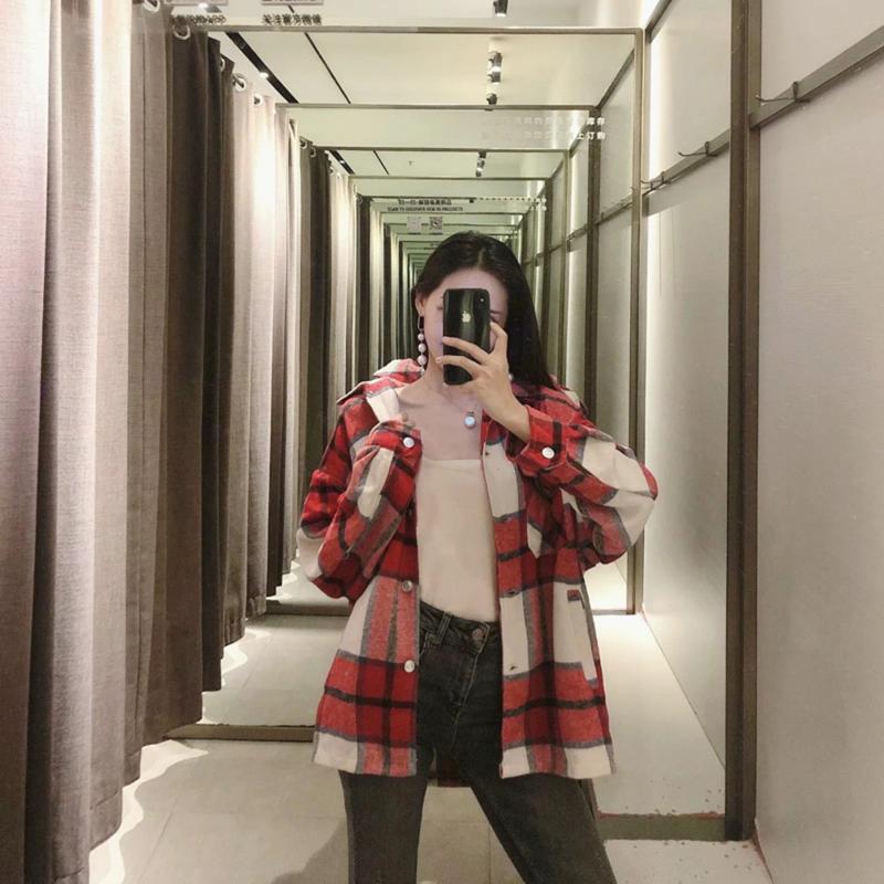

Women Stylish Sweet Plaid Woolen Shirt Jackets Fashion Pockets Turn-down Collar Check Coat Cute Girls Female Chic Streetwear