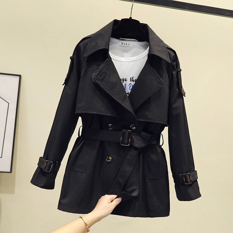 

2021 New Fashion Women Short Trench Autumn Winter Vintage Belt Double Breasted Khaki Windbreaker Outwear Slim Office Coat Y538 039z, Black