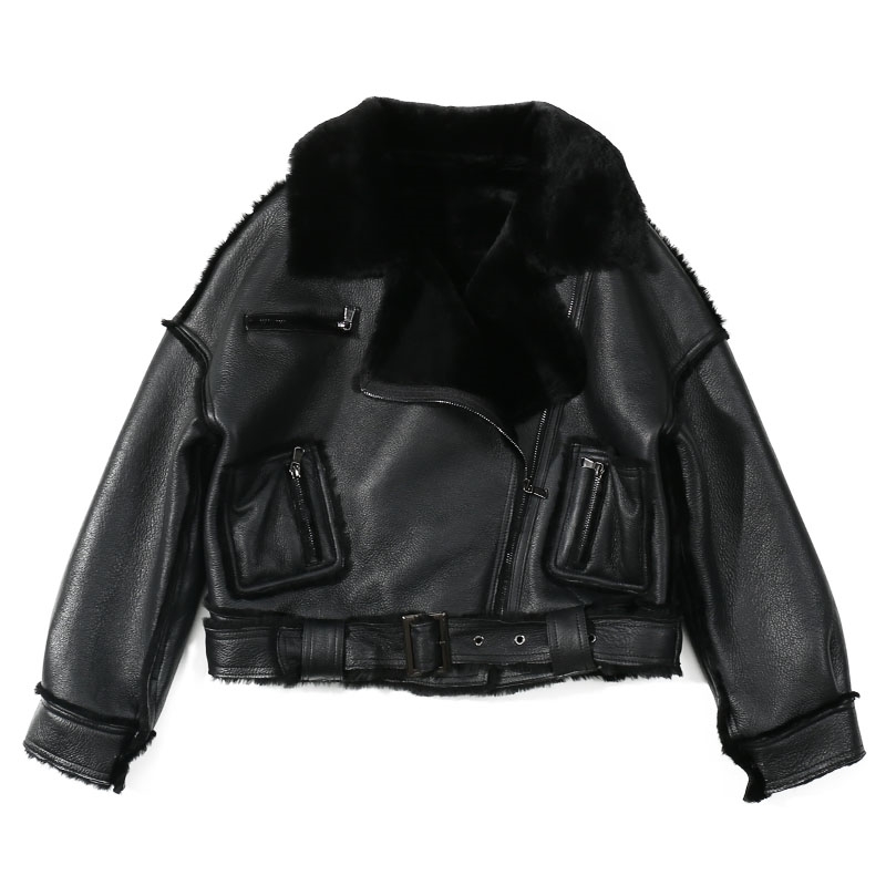 

Women' Jacket Leather Sheepskin Black Moto&Biker Zip Fly Collar Lapel Neckline Winter Thick Women' Short Jacket 210201