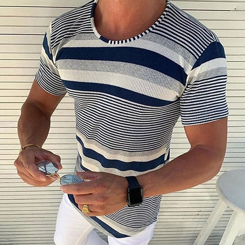 T-shirt Hommes rayé Col Coucher Casual Daily Sleeve Sleeve Tops Casual Casual Mode Grand et grand Bleu / Été J6PD #