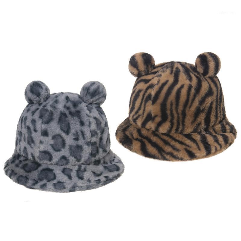 

Women Winter Fuzzy Plush Bucket Hat Bear Ears Leopard Zebra Cow Fisherman Cap1