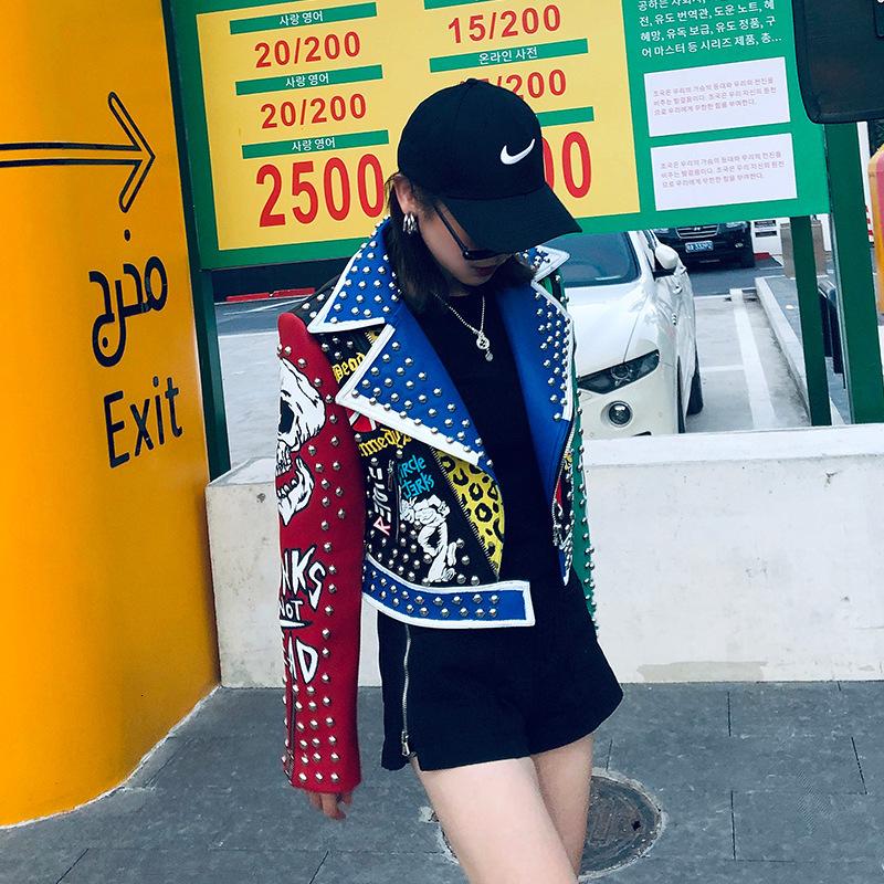 

Autumn Punk Graffiti Faux Leather Jacket Women Rock Zipper Rivet Crop Motorcycle Biker Jackets Female Streetwear Short PU Coat, Blue multi