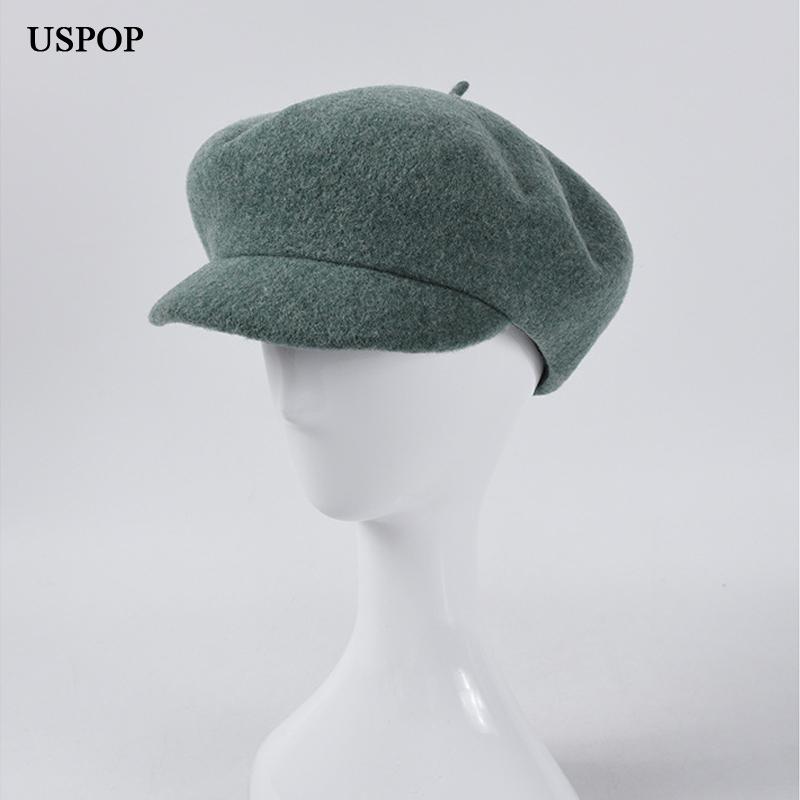 

Stingy Brim Hats USPOP Women Wool Winter Octagonal Classic Solid Caps British Vintage Visor Thick Warm Pure Color Berets, Black