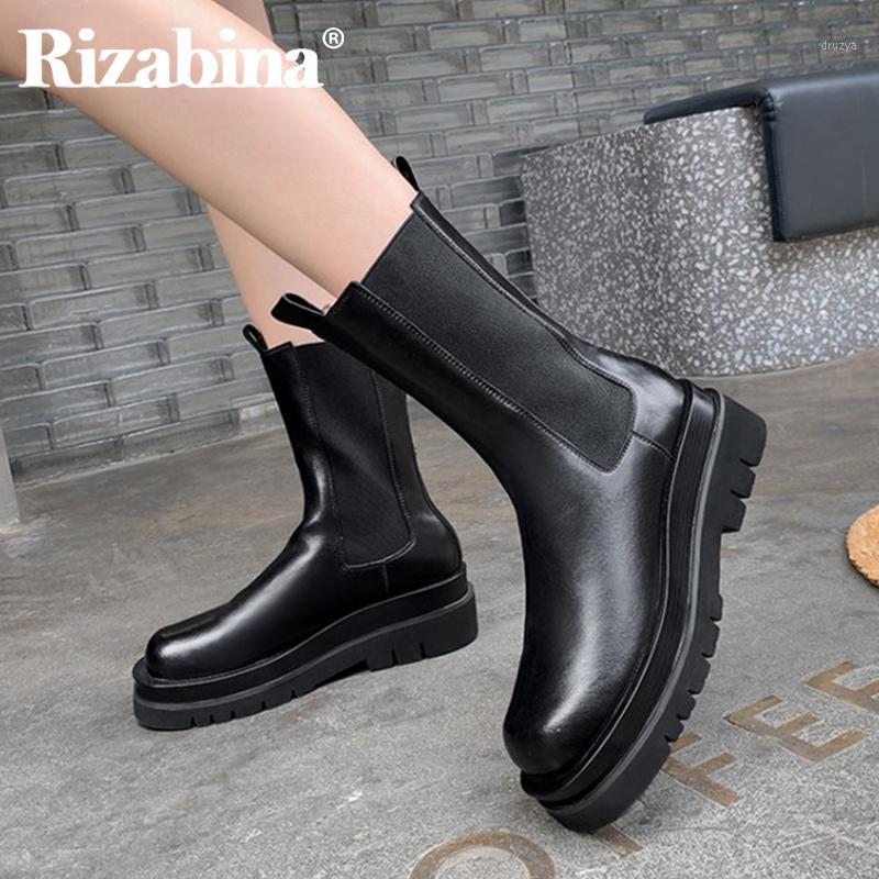 

Rizabina Real Leather Woman Short Boots Fashion Flats Winter Shoes Women Mid Calf Boot Office Lady Sexy Footwear Size 34-391, Black 1