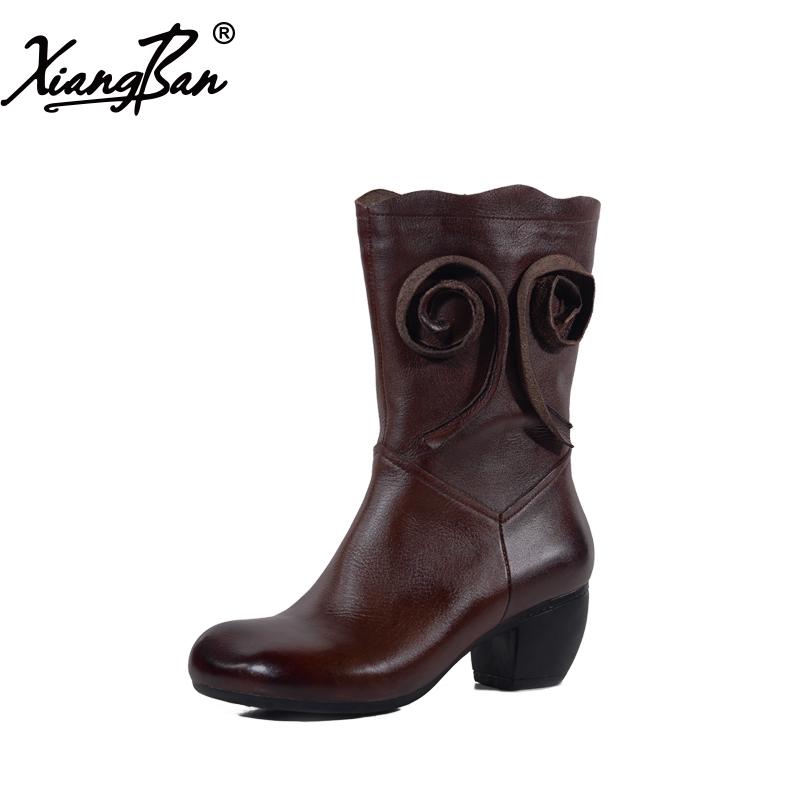 

2020 Spring Autumn Women Boots Mid-calf Thick Heel Fall Winter Woman Shoes Soft Leather Xiangban, Coffee
