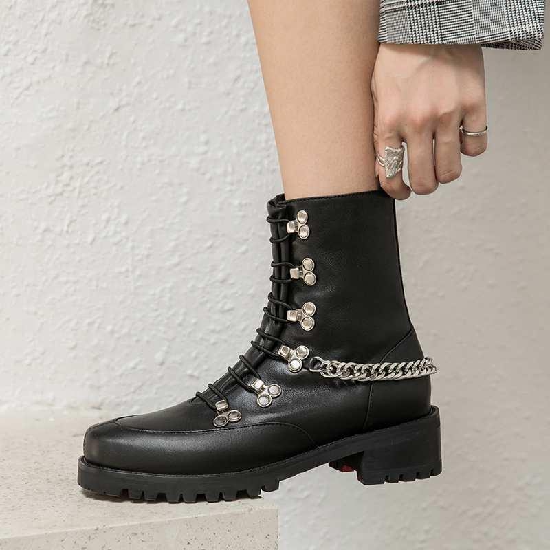 

2021 New winter shoes women's ankle boots genuine leather vintage motorcycle boots punk rock metal chains rivets bottes femme1, Black