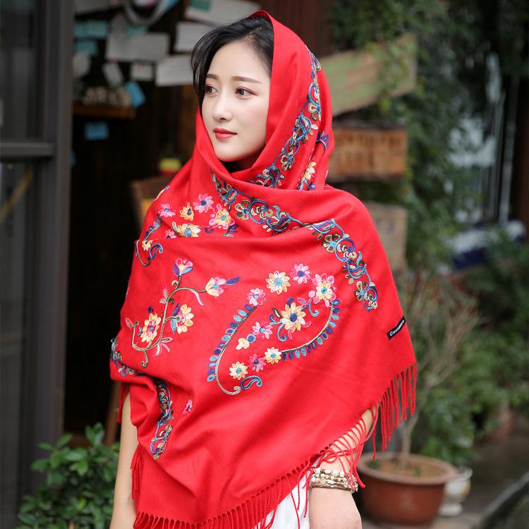 

Scarves Female Pashmina Embroidery Flower Shawls Artificial Cashmere Scarf Wrap Tassels Muffler Chal Warm Muslim Hijab Mujer Bufanda, Blue;gray