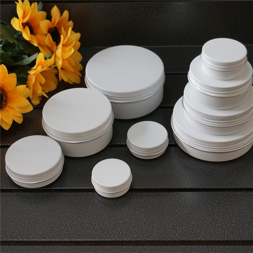 

10/15/20/30/50/60/80/100/150g white empty round aluminum box metal tin cans cosmetic cream DIY refillable jar tea Aluminum Pot 220218
