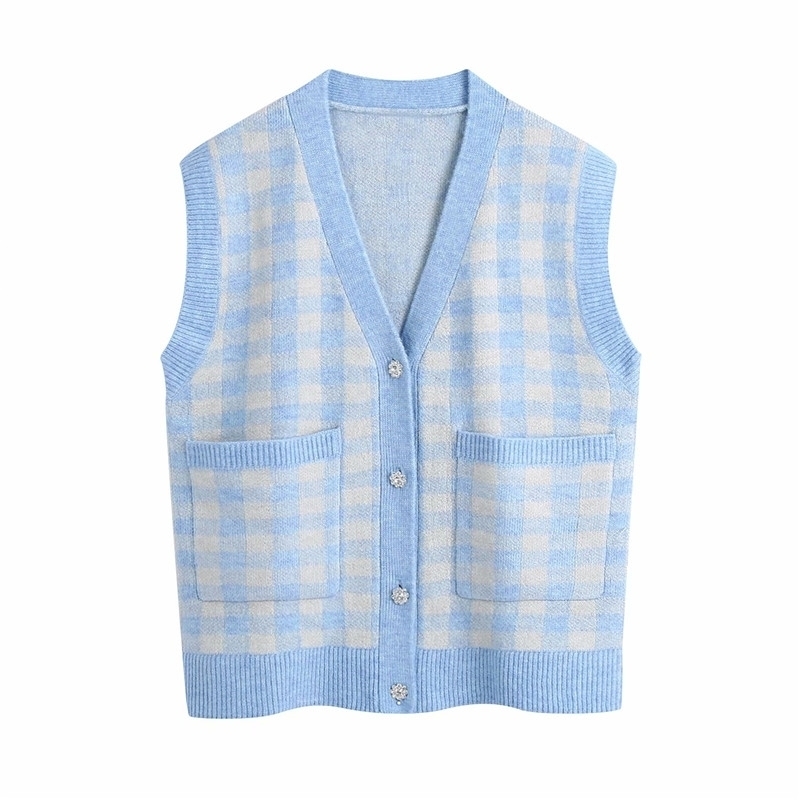 

2021 New Streetwear Blue Plaid Fashion Vest Ladies with Low-cut V-knit Tops Female Chic Pocket Cardigan N7HM, Sky blue