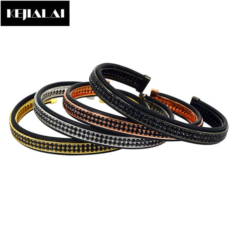 

Men Bangle Leather Bracelet Double Lines Black Zircon Open Cuff Adjustable for Women Fashion Jewelry High Quality