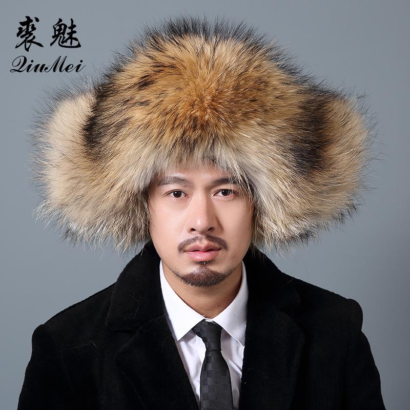 

Russian Male Wam Fur Bomber Hats Men Winter Hats With Earmuffs Trapper Ear Flap Cap Man Real Raccoon Fur Black Real Hat