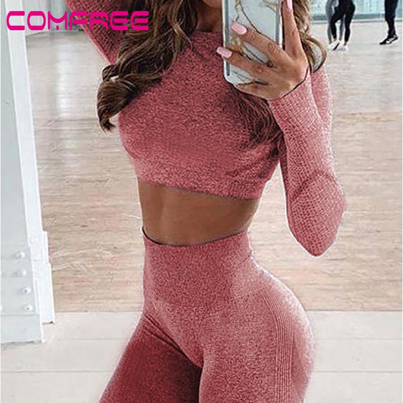 

Women Yoga Set Fitness Sports Suits Long Sleeve Running Shirts High Waist Yoga Pants Fitness Crop Top Workout Leggings Outfits, Blue