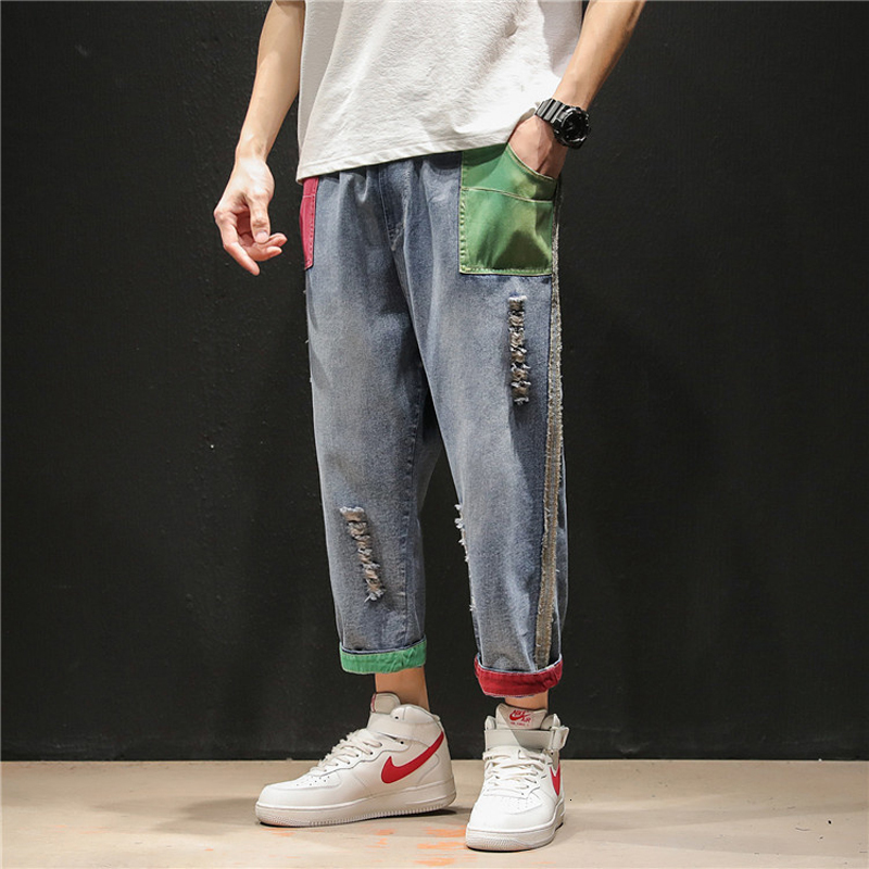 

Men's Fashion Torn High Street Jeans Drawstring Ankle Length Denim Elastic Multicolored Sweatpants X6ly, Sky blue.