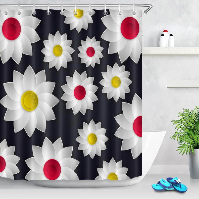 

LB Yellow Red White Flower Black Shower Curtain Natural Art Floral Waterproof Custom Luxury Bathroom Fabric For Bathtub Decor