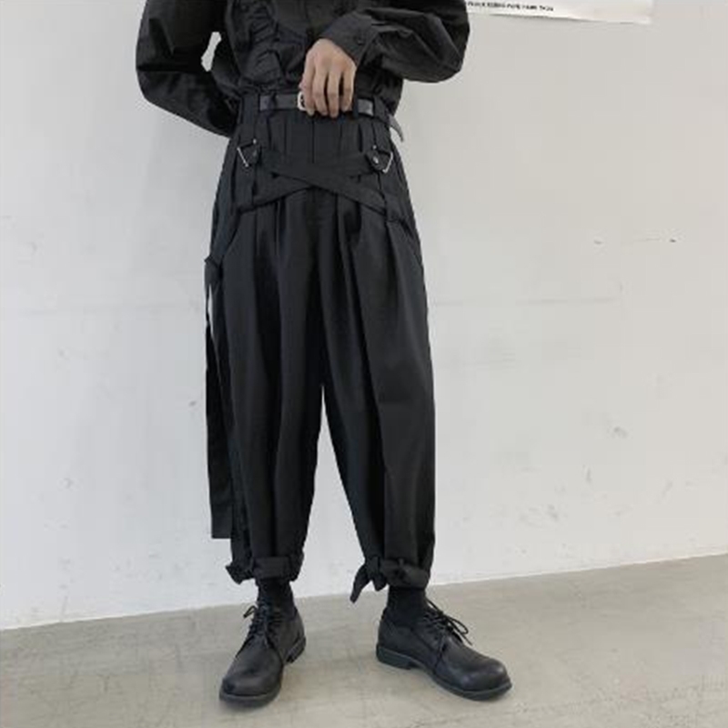 

Men Japan Streetwear Punk Gothic Bandage Casual Harem Pant Male Vintage Hip Hop Wide Leg Trousers Stage Clothing Kimono Pant 201116, Black