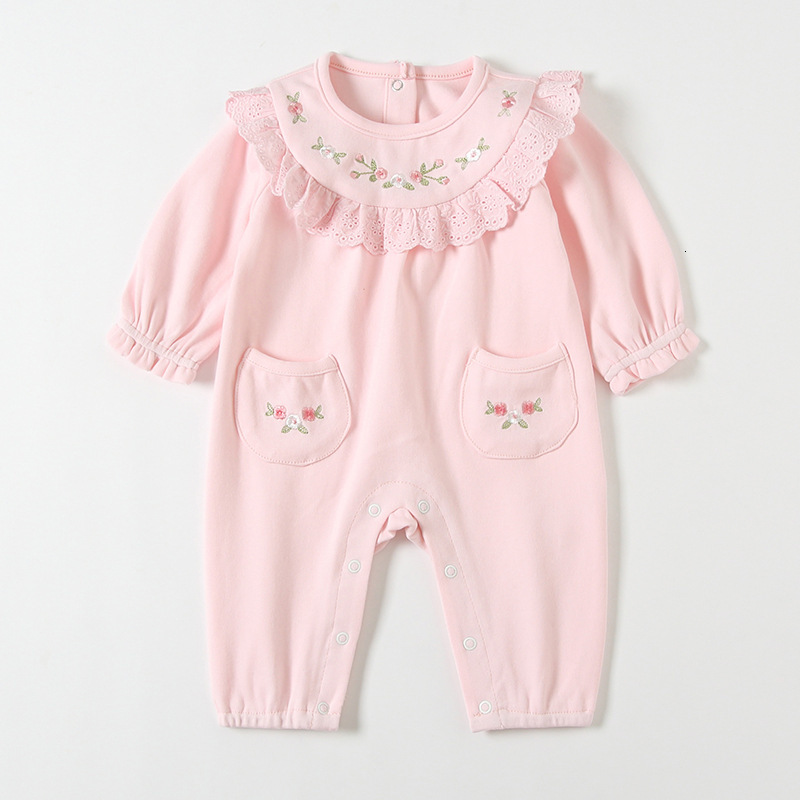 

2021 New Newborn Lace Embroidery Clothes Infant Jumpsuit Overalls Baby Girls Rompers 0-2y 5392, Pink