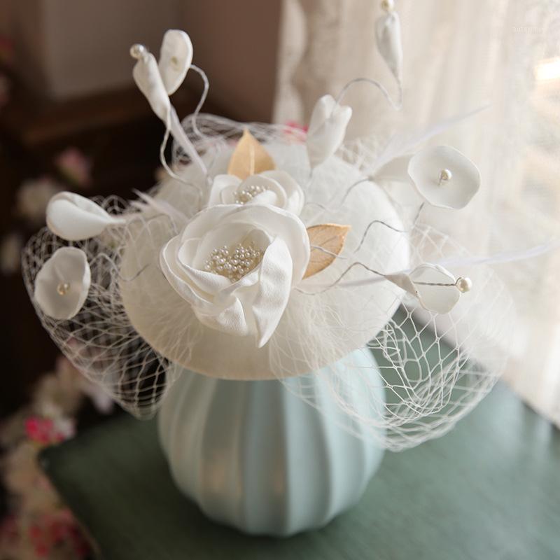 

Elegant Cap Fedoras Dress Women Linen Felt Top Hat Party Mesh Hat Ribbons And Pearl Fascinators Wedding Party Hats1, White