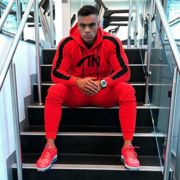 

Mens Tracksuits Mens 2020 New Fitness Suits Men Hooded Sports Sweatshirts + Pants Youth Street Style Autumn Two-piece Suits Clothing Sets, Red