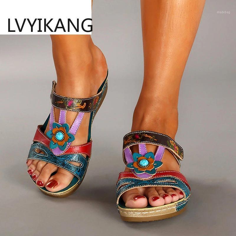 

New Summer Slippers Women Ethnic Wind Flower Retro Bohemian Fashion Casual Wedges Open Toe Beach Ladies Plus Size Sandals1, Peacock green