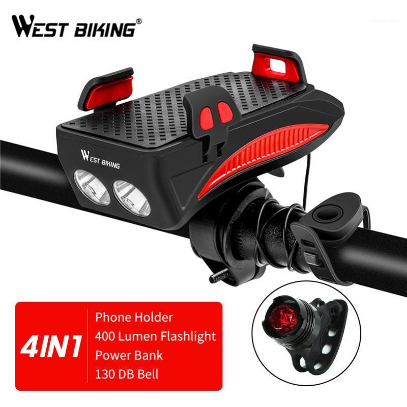 

WEST BIKING 4 in 1 Bicycle Light Bike Horn Alarm Bell Phone Holder Power Bank Bike Accessories Cycling Front Light1