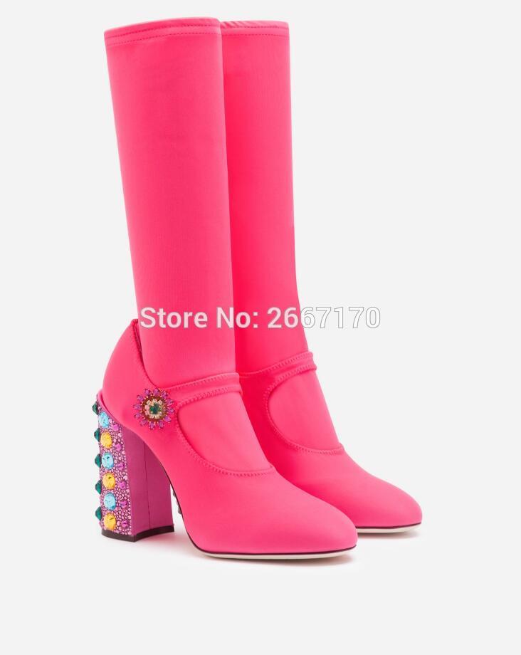 

Fashion Week Shoes Women Sock Boots Mary Janes Boots Diamonds Block High Heels Slip On Long Dress Shoes, Rosy red