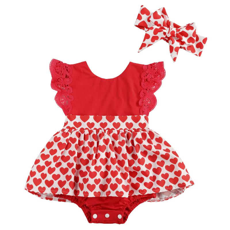 

Valentines Cute Baby Girls Boys Bodysuits Headband LOVE Heart Print Ruffles Lace Sleeve Dress Jumpsuits 0-24M, As pic