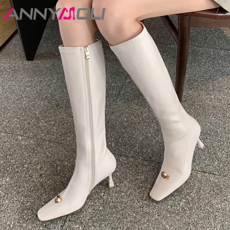 

ANNYMOLI Long Boots Women Shoes Square Toe Thin Heels Knee High Boots Metal Decoration High Heel Zipper Fashion Lady 40, Black synthetic lin