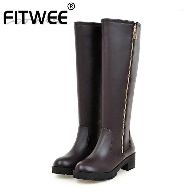 

FITWEE Knee High Boots Women Winter Keep Warm Fur Platform Shoes Women Square Heels Fashion Zipper Long Boots Size 34-431, Black