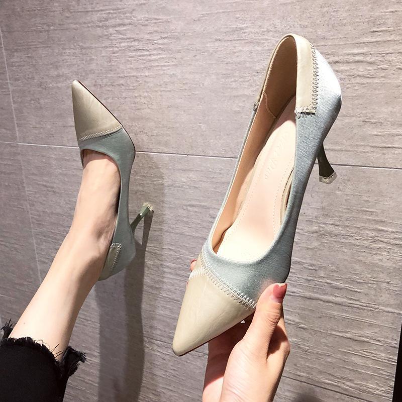 

Personality silk patchwork woman pumps elegant shalllow pointy toe chaussure femme mixed colors stiletto high heels mujer bombas1, Black