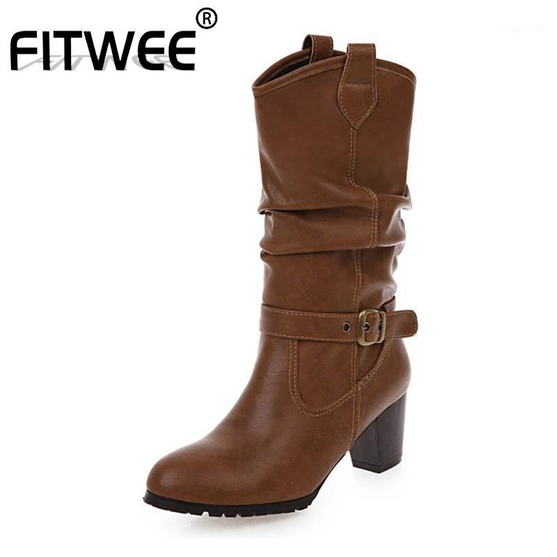 

FITWEE Vintage Style Women Mid-Calf Boots Winter Warm Fur Solid Color Women Shoes Daily Work Buckle Female Footwear Size 34-431, Black