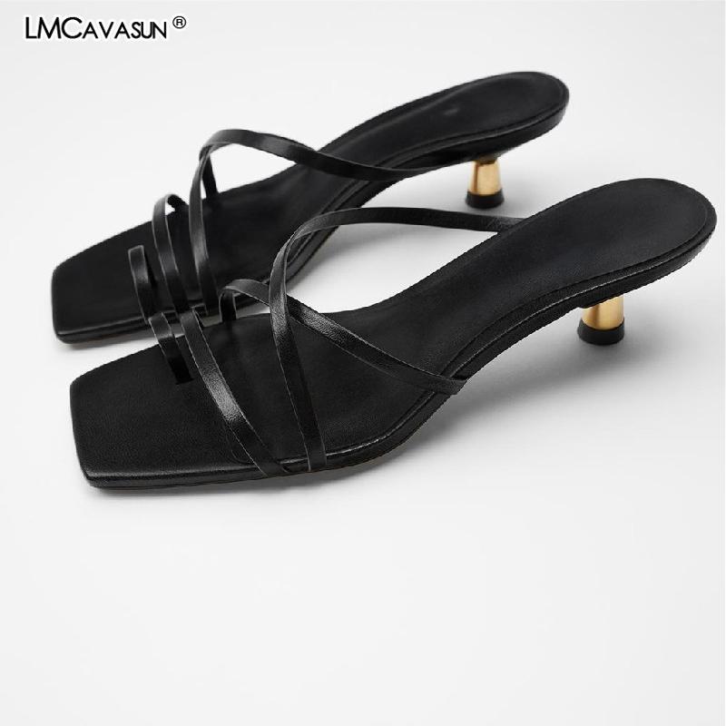 

LMCAVASUN 2020 New Women's Slide Sandals Black Metal thin Heel 5cm Women Slippers Flip-flop Rome Sandals1