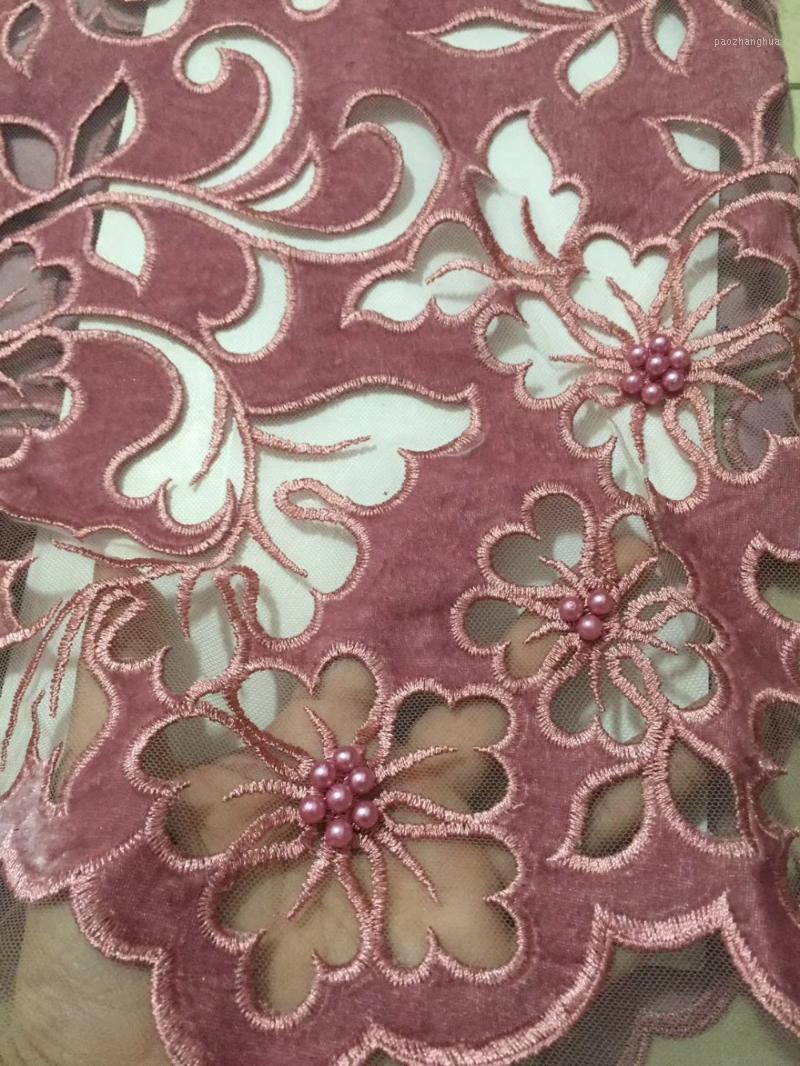 

Pink Nigerian French Lace Fabrics 2020 African Beaded velvet Tulle Lace Fabric High Quality African Wedding Fabric For Dres1