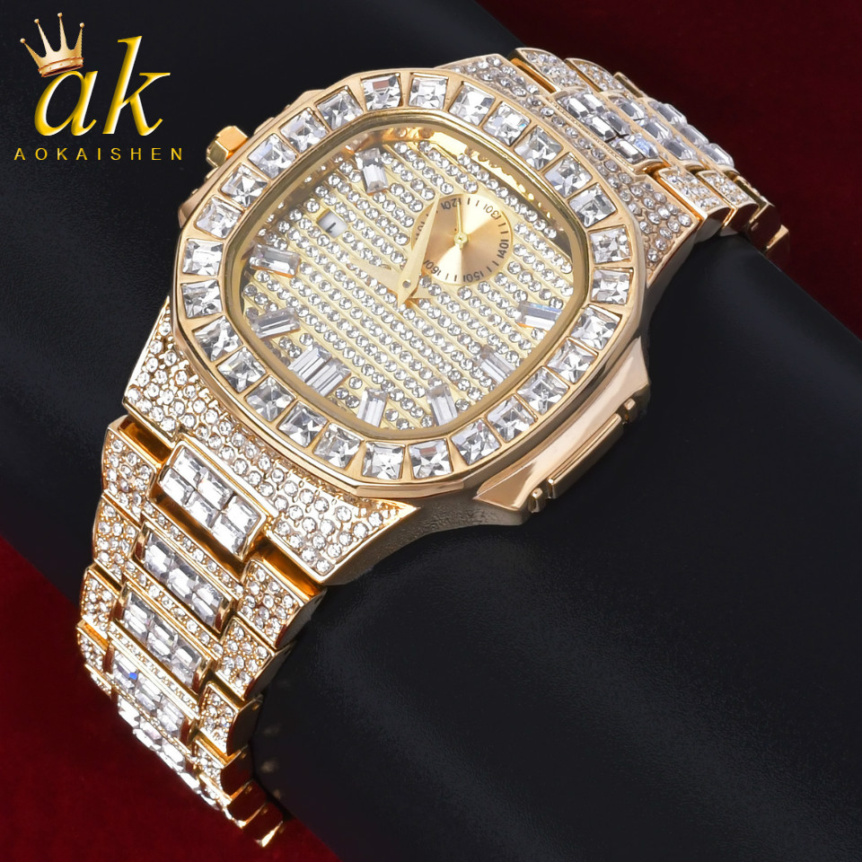 

Square Bagutte Gold Color Watch for Men Big Dial Military Quartz Clock Luxury Rhinestone Business Waterproof Wrist Watches Relogio Masculino
