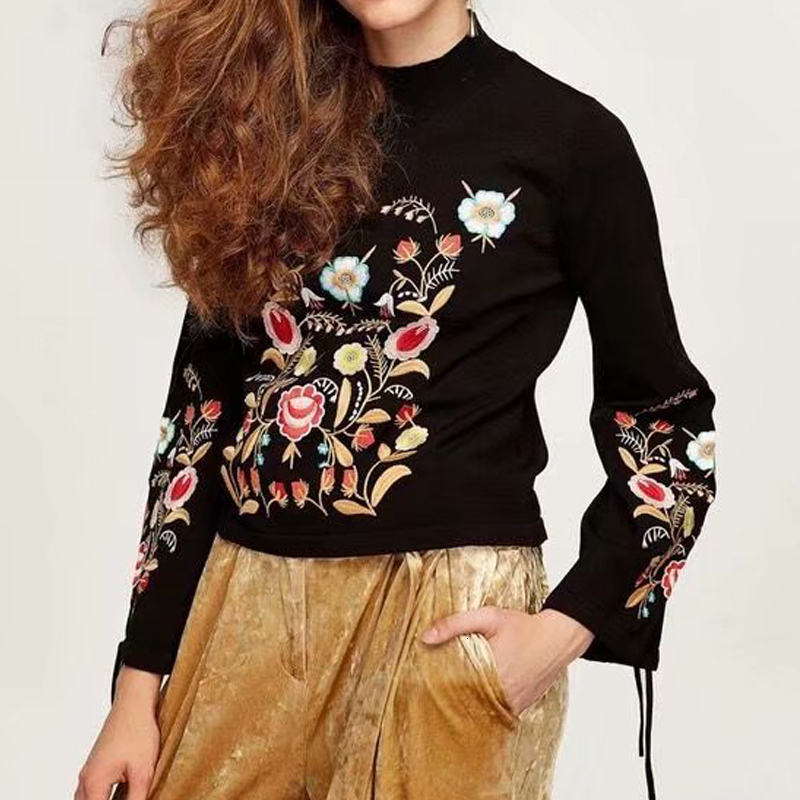 

2021 New Autumn Winter Women Embroidery Pullover Warm Long Sleeve Half High Neck Vintage Tops Lady Sweater Fa1f