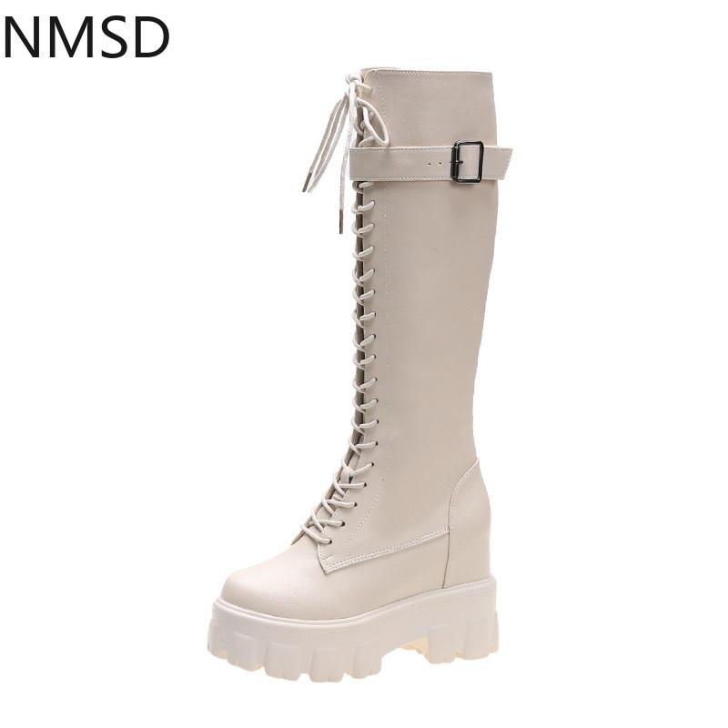 

Women's Platform Knee High Boots Fashion Cross-tied Long Boots Winter Short Plush Warm Motorcycle Buckle Platform Sneakers, Beige