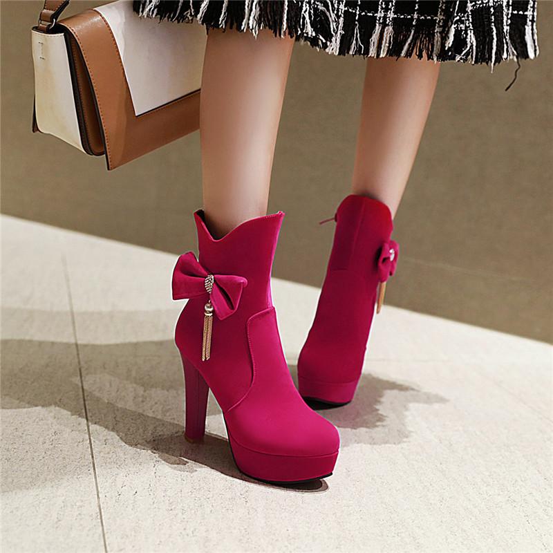 

YMECHIC Black Red Bowtie Crystal High Heels Party Platform Woman Shoes Spike Heel Womens Boots Ankle Winter Plus Size Bootie, Red jia mao