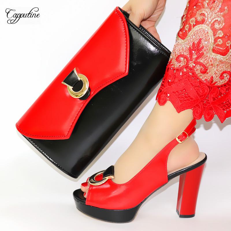 

New coming black with red high heel sandal shoes and bag sets for party CR2109,heel height 10.3cm, As pic