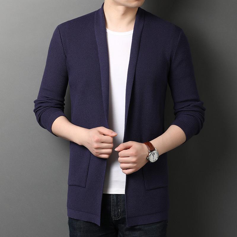 

#1398 Spring Autumn Sweatercoat Men Long Cardigan Sweaters Slim Kimono Cardigan Knitted Coat High Quality Man Sweater Pockets, Black