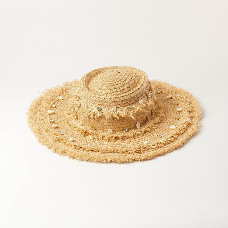 

02001-hh7405 Designer style raffia grass shell Rhinestone lady sun cap women beach holiday leisure hat take photo1, As pic