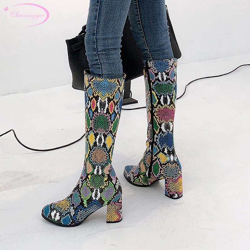 

Nightclub style round toe knee high boots serpentine plaid zipper black green brown high heel thick riding boots women's shoes1