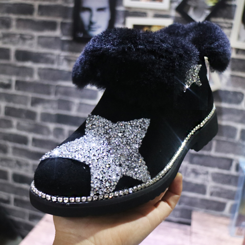 

2020 Modelos Exploso Criativa Artesanal Bolo Fundo Grosso Algodo Neve Botas Pele Sapatos Strass 2ubg, Black