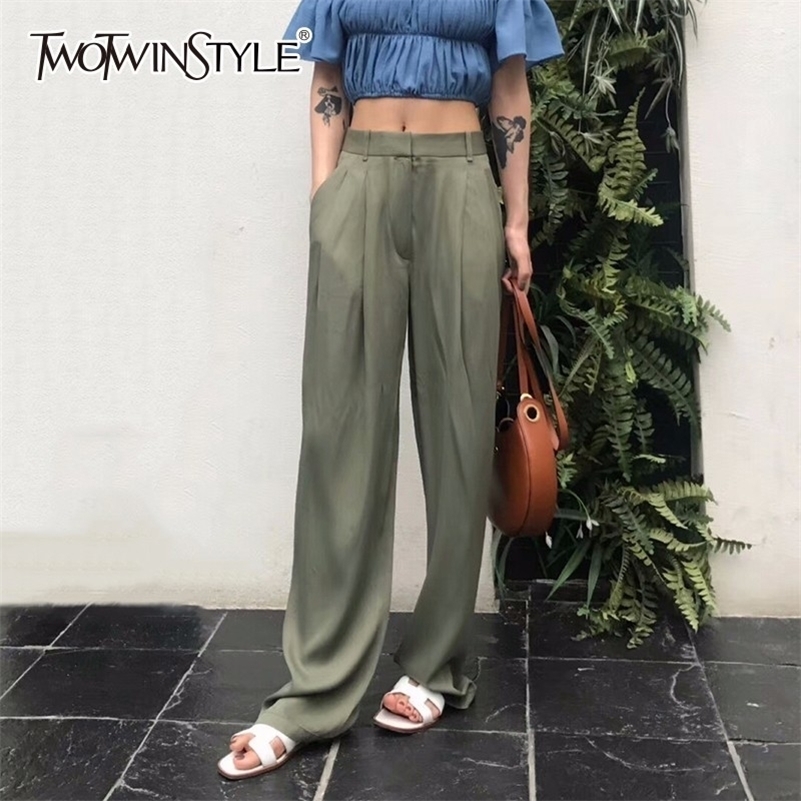 

TWOTWNSTYLE Maxi Pants For Women High Waist Zipper Pocket Summer Big Large Size Long Trousers Fashion Elegant Clothing 201109, Apricot