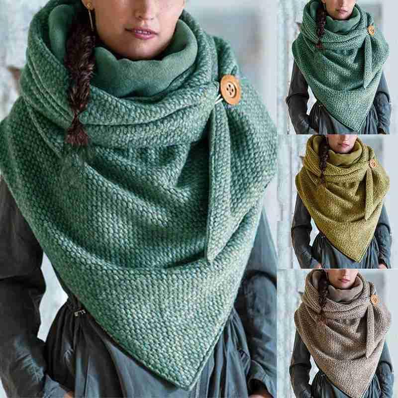 

Women Winter Warm Thicken Oversized Large Scarf With Button Hook Solid Color Ribbed Triangle Shawl Wrap Bib