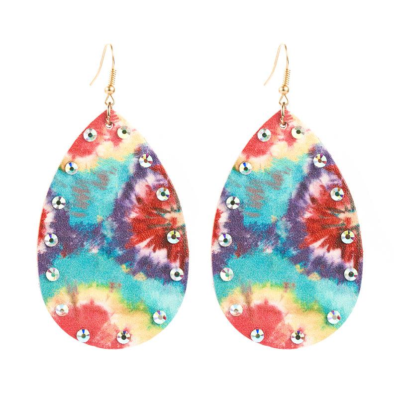 

Water Drop Shape Double Face Leather Inlay Crsytal Dangle Earrings Bright Fireworks Print Fashion Jewelry For Women