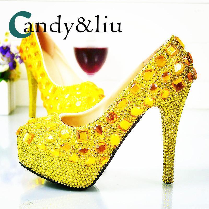 

Large Size Gold Crystal Wedding Shoes Yeelow Rhinestone Super High Heels Women Pumps Party Bridesmaid Nightclub Evening Dress1, Yellow 8cm