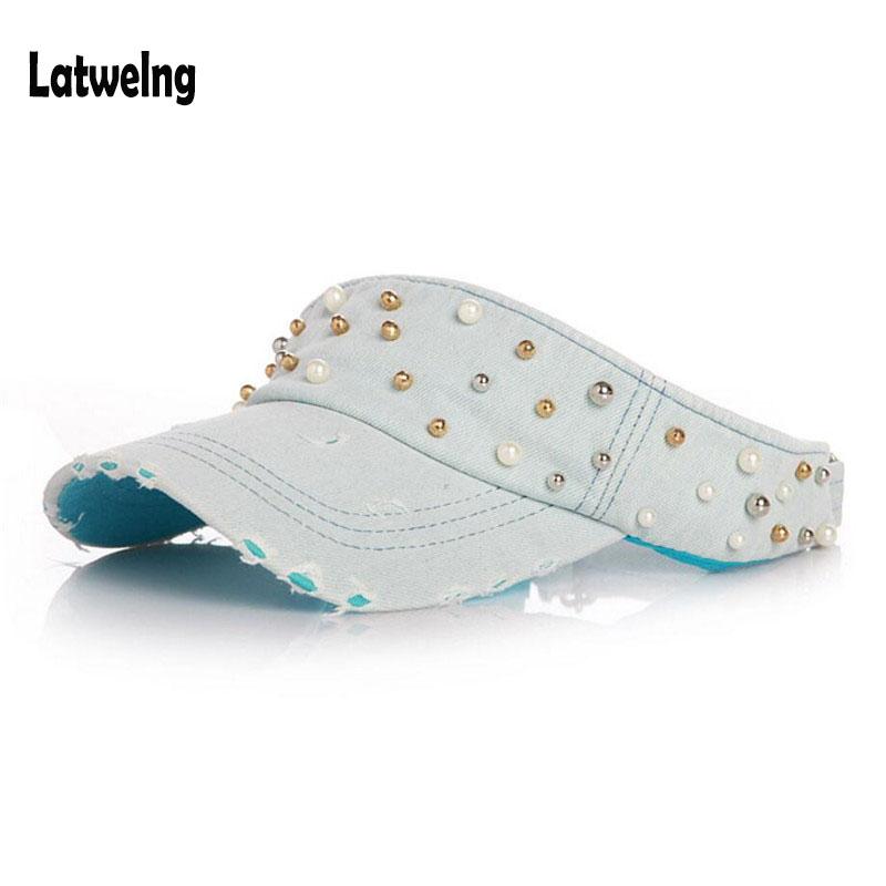 

Handmade Pearl nail Denim Empty Top Visor Sun Hats For Girls Women Baseball Cap Snapback Beach Caps Quick-Drying Hat Ajustable, Yellow