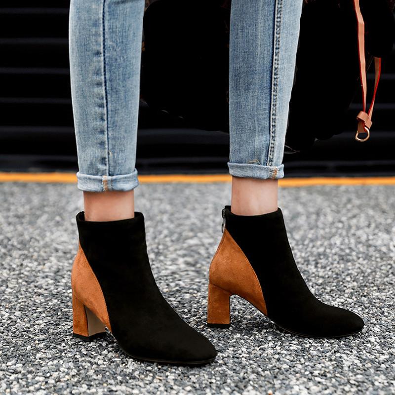 

YMECHIC Fashion Vintage Contrast Color Patchwork Chunky High Heels Womens Suede Ankle Boots Brown Wine Red Ladies Autumn Shoes, Black
